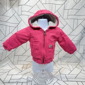 Carhartt Canvas Hooded Jacket Baby Size 6M Pink Sherpa Lined OJ9566-G Utility